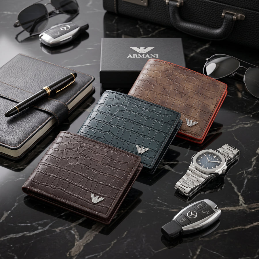 Armani Crocodile Texture Leather Bifold Wallet for Men | Luxury Slim Wallet